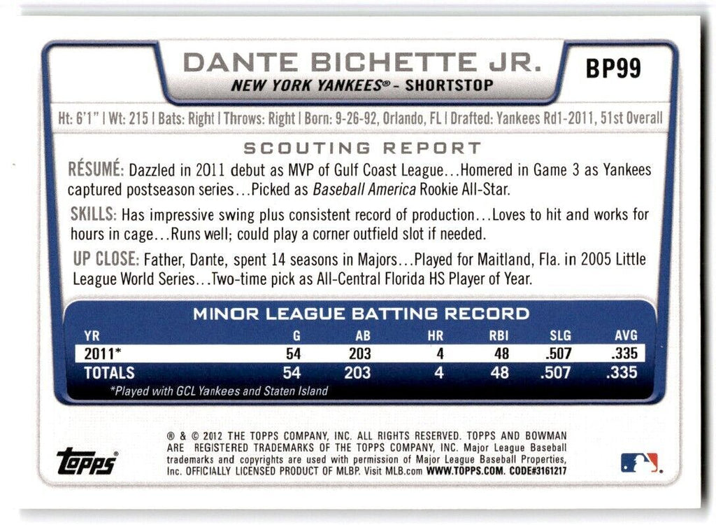 2012 Bowman Dante Bichette Jr. New York Yankees #BP99