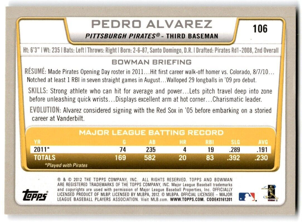 2012 Bowman Pedro Alvarez Pittsburgh Pirates #106