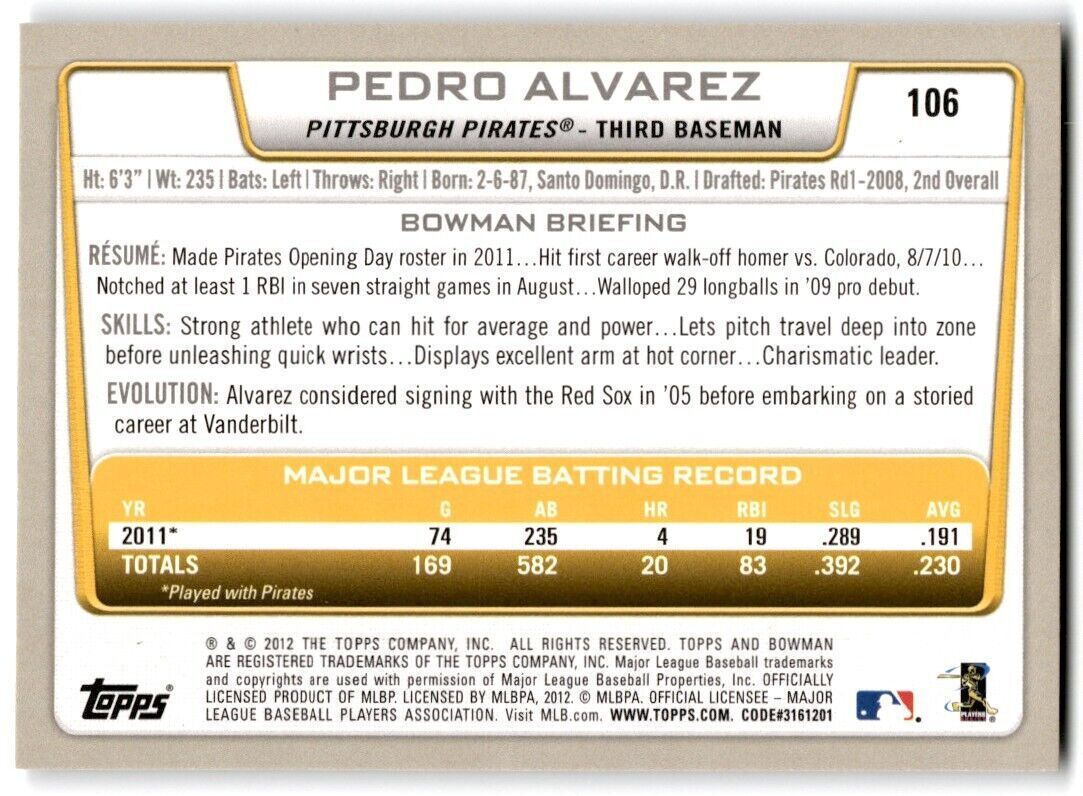 2012 Bowman Pedro Alvarez Pittsburgh Pirates #106
