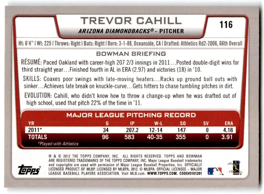2012 Bowman Trevor Cahill Arizona Diamondbacks #116