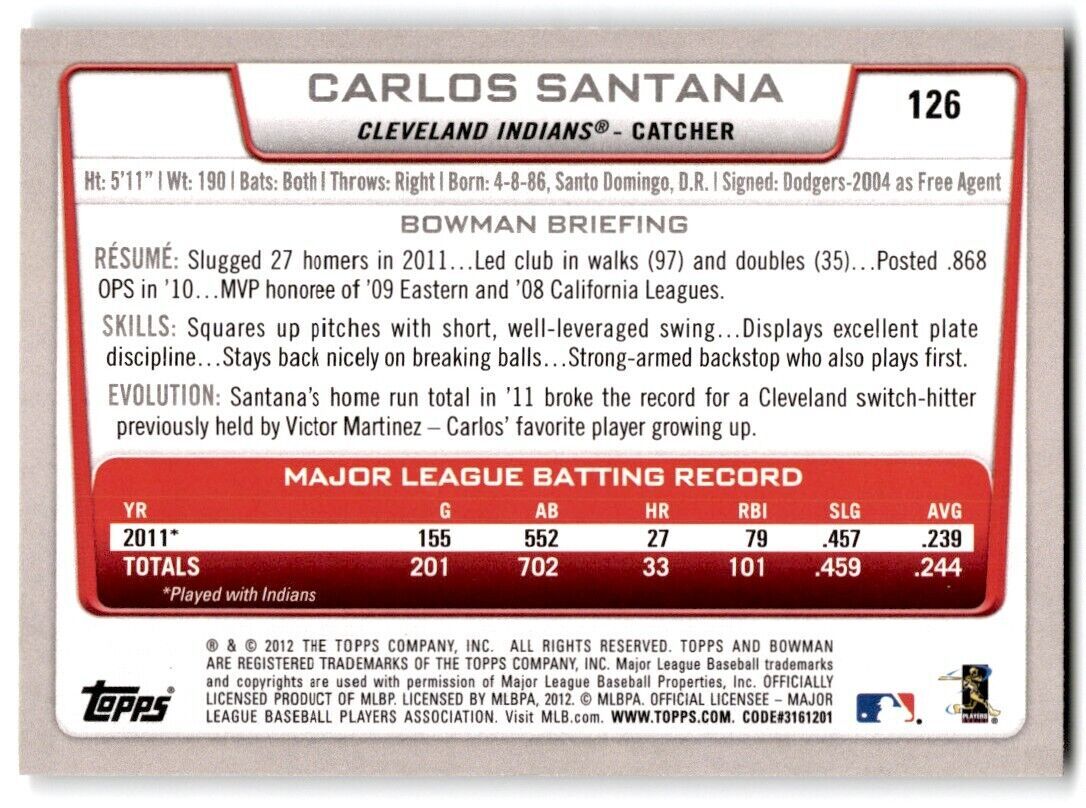 2012 Bowman Carlos Santana Cleveland Indians #126