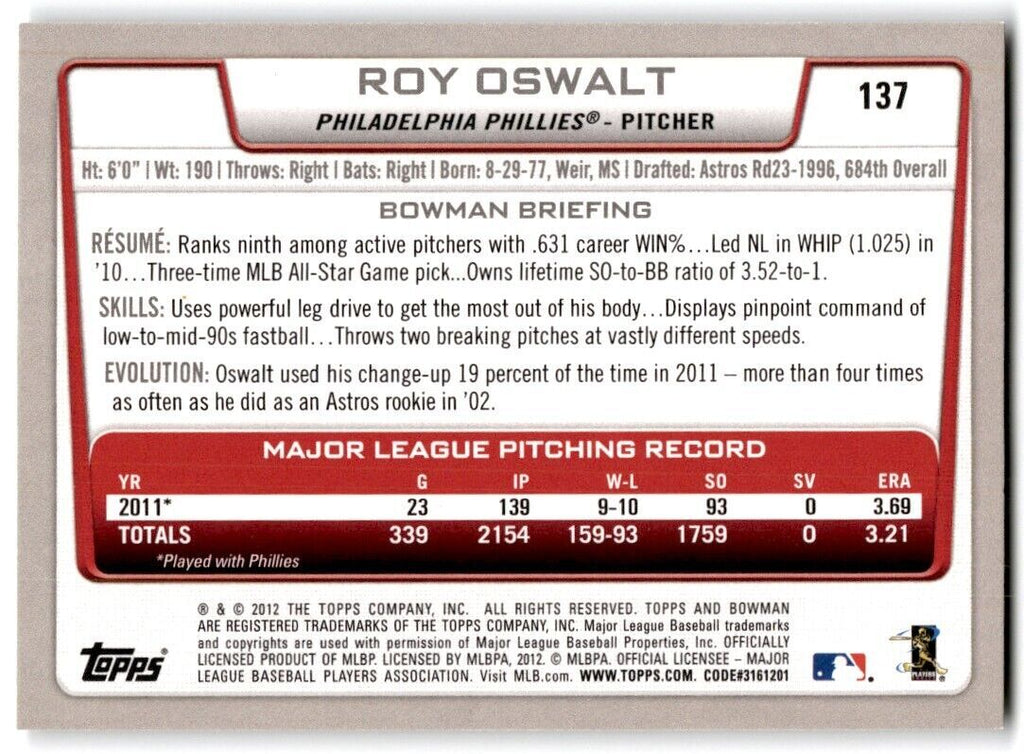 2012 Bowman Roy Oswalt Philadelphia Phillies #137