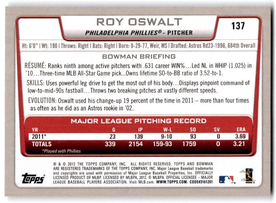 2012 Bowman Roy Oswalt Philadelphia Phillies #137