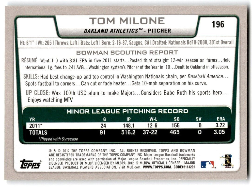 2012 Bowman Tom Milone Rookie Oakland Athletics #196