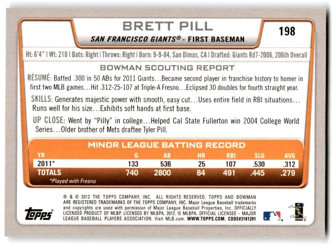 2012 Bowman Brett Pill Rookie San Francisco Giants #198