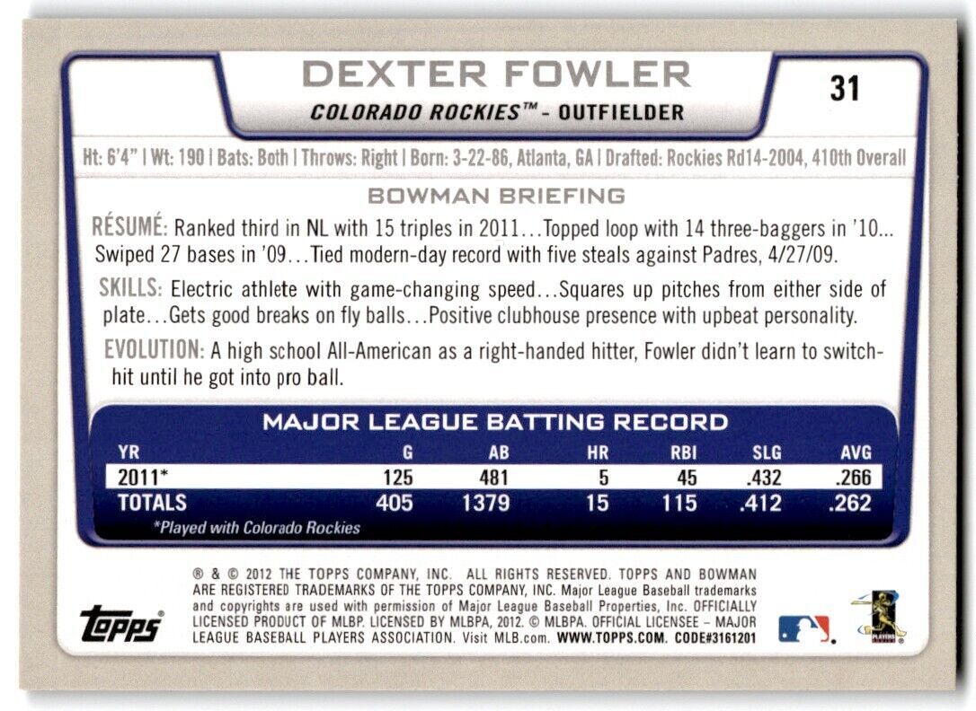 2012 Bowman Gold Dexter Fowler Colorado Rockies #31