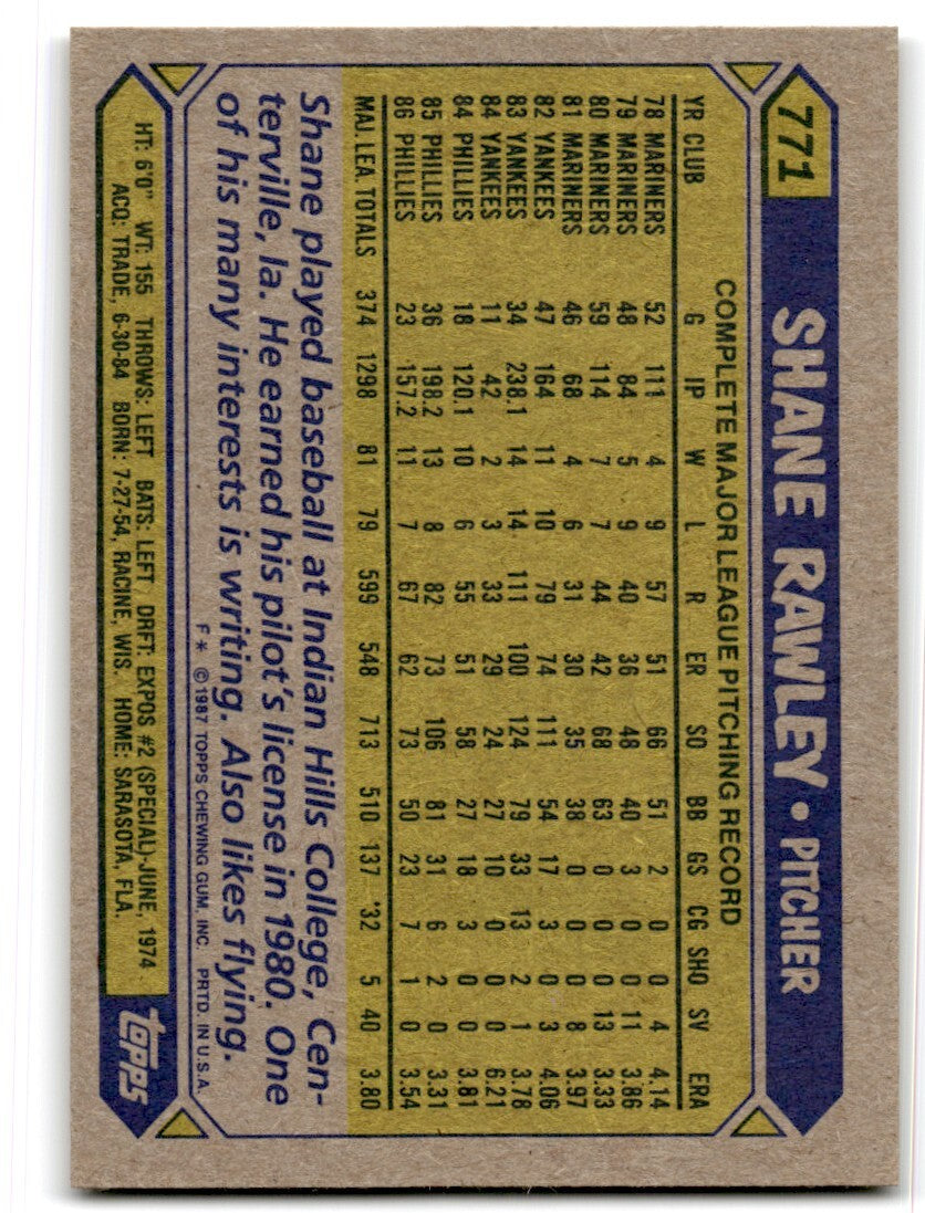 1987 Topps Shane Rawley Philadelphia Phillies #771