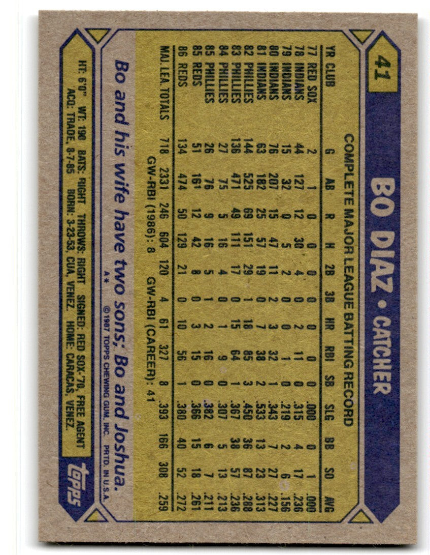 1987 Topps Bo Diaz a Cincinnati Reds #41