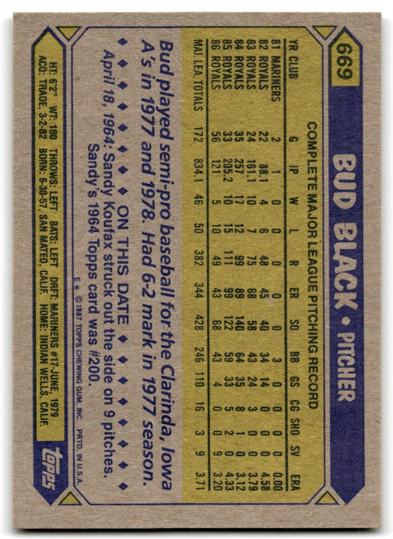 1987 Topps Bud Black a Kansas City Royals #669