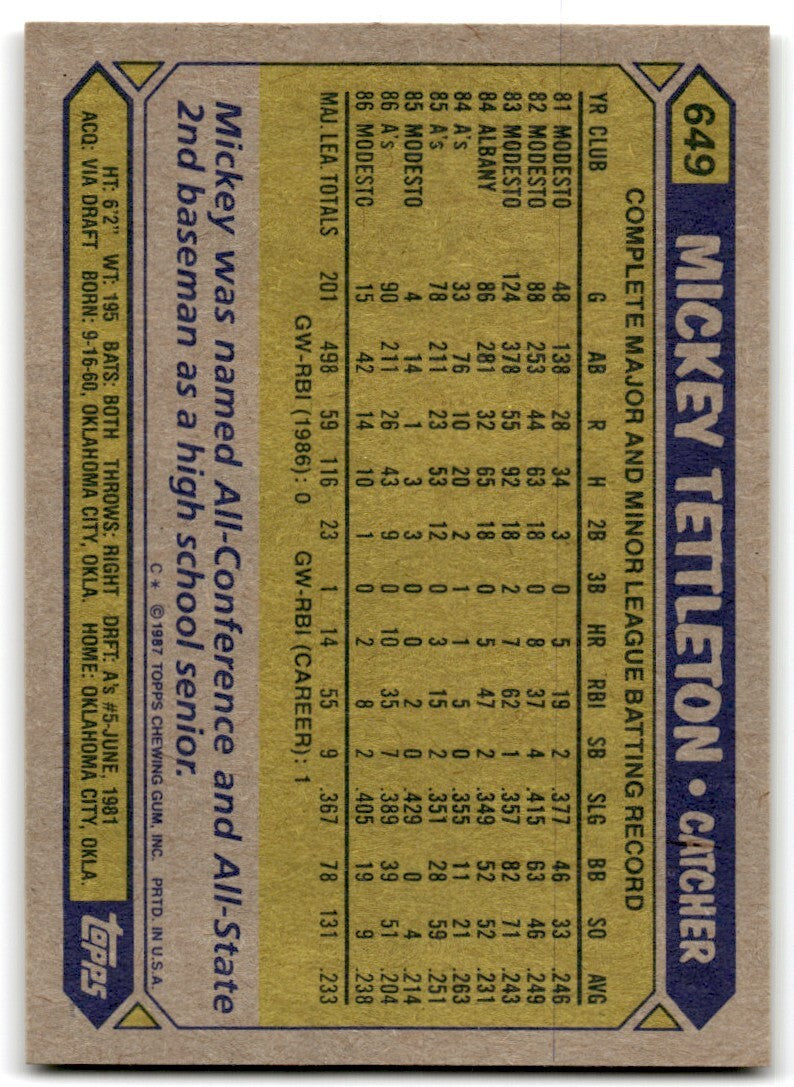 1987 Topps Mickey Tettleton a Oakland Athletics #649