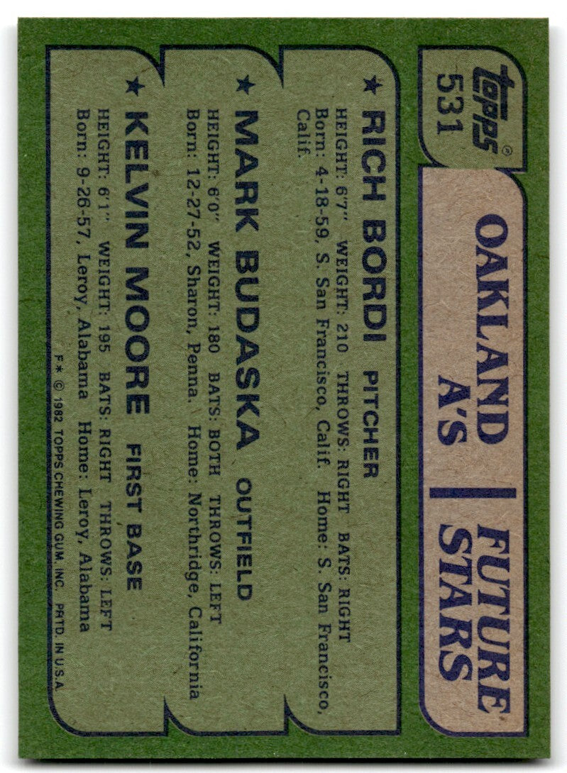 1982 Topps A's Future Stars - Rich Bordi/Mark Budaska/Kelvin Moore Rookie 1 #531