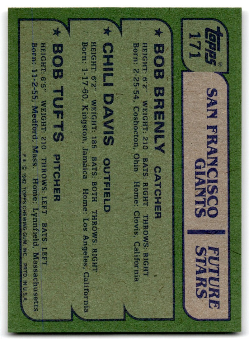1982 Topps Giants Future Stars - Bob Brenly/Chili Davis/Bob Tufts Rookie 2 San