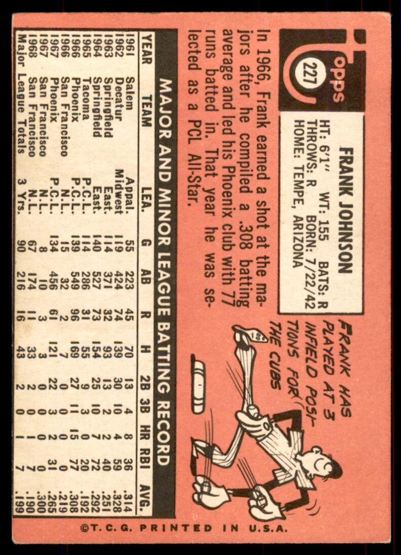 1969 Topps Frank Johnson Rookie , San Francisco Giants #227