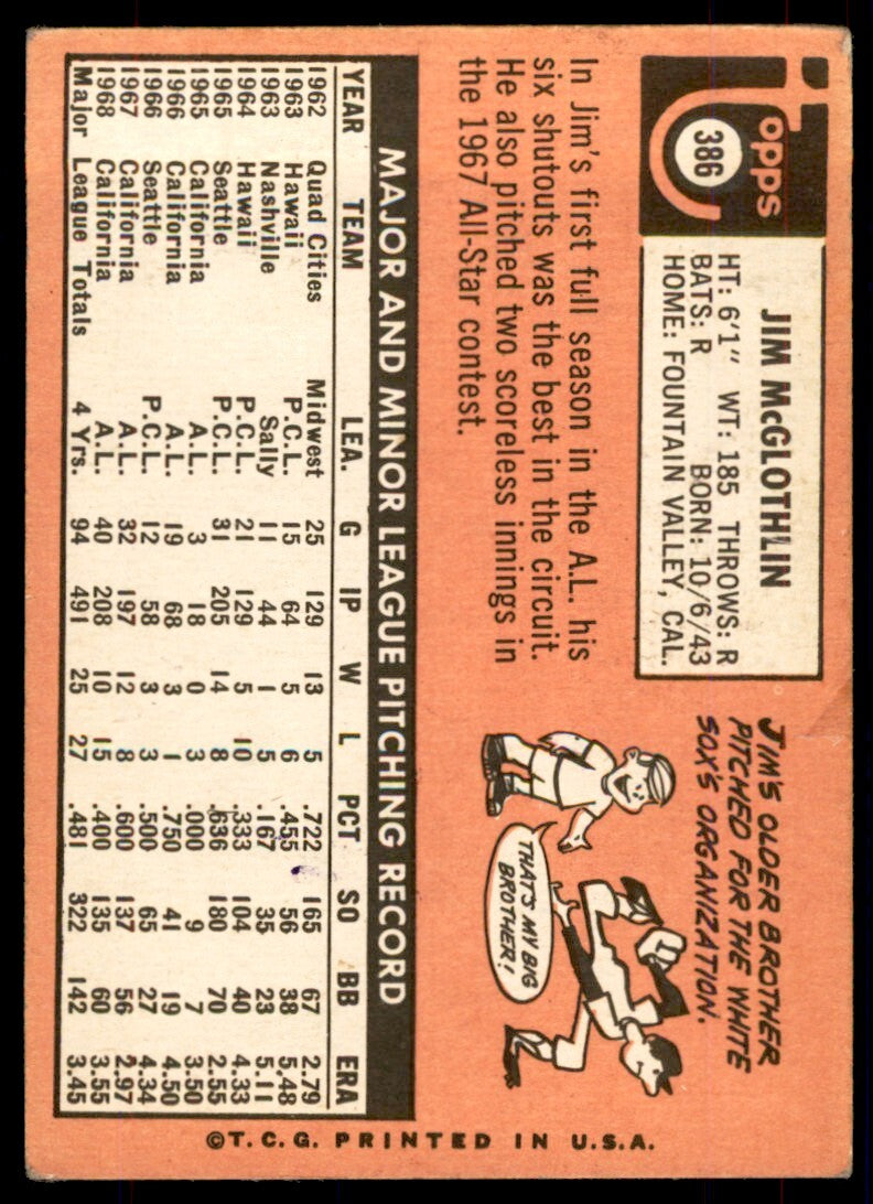 1969 Topps Jim McGlothlin , California Angels #386