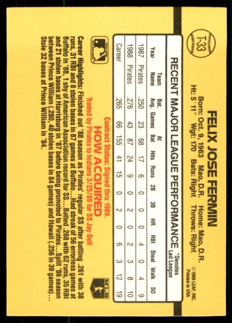1989 Donruss Traded Felix Fermin Baseball Cards #T-33