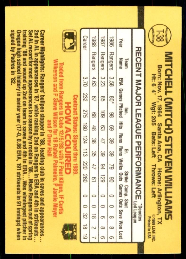 1989 Donruss Traded Mitch Williams Baseball Cards #T-38