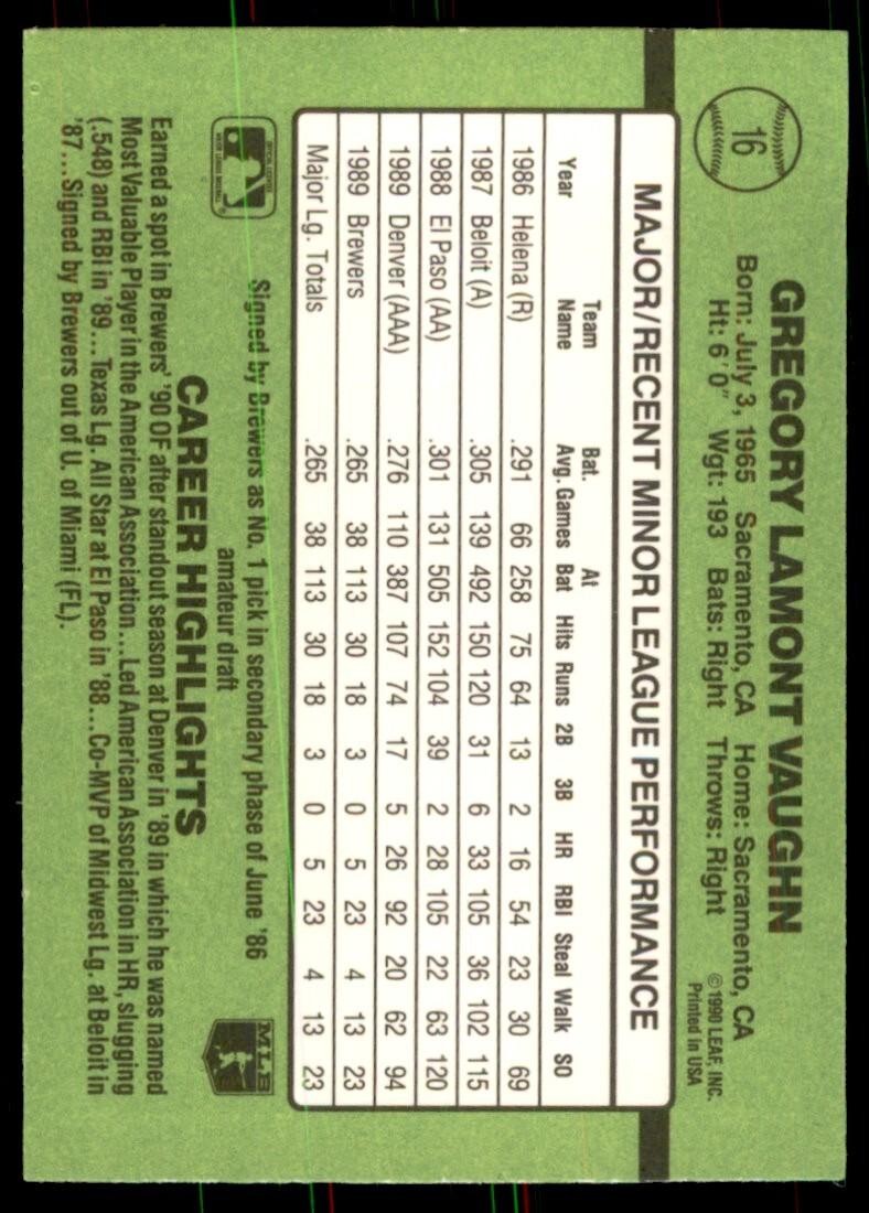 1990 Donruss The Rookies Greg Vaughn Baseball Cards #16