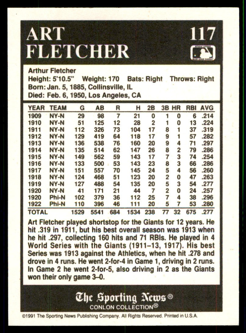 1991 The Sporting News Conlon Collection Art Fletcher Baseball Cards #117