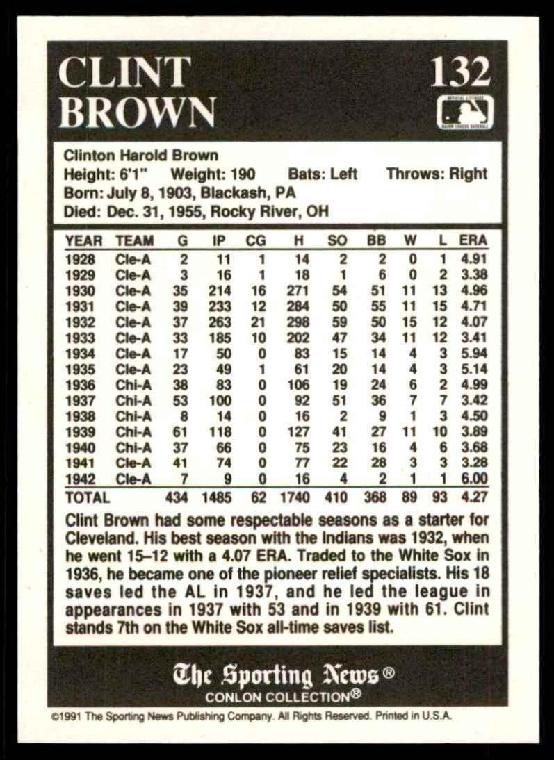 1991 The Sporting News Conlon Collection Clint Brown Baseball Cards #132