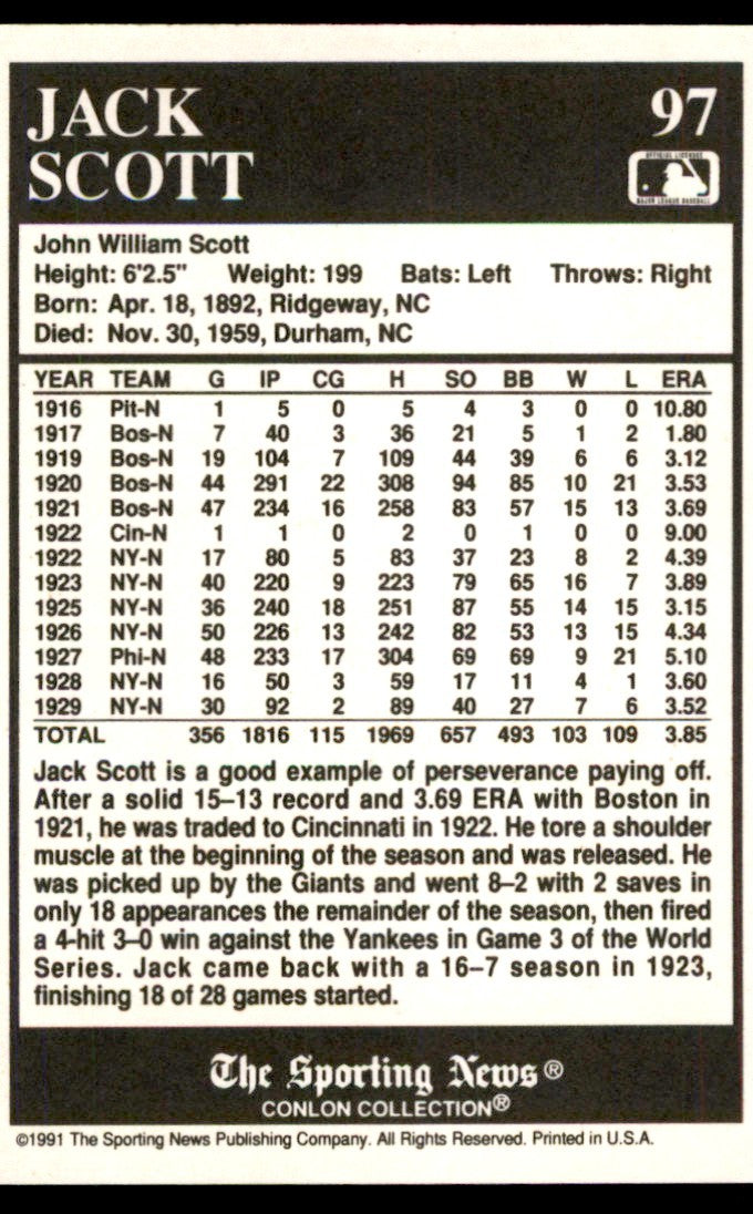 1991 The Sporting News Conlon Collection Jack Scott Baseball Cards #97