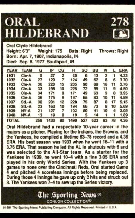 1991 The Sporting News Conlon Collection Oral Hildebrand Baseball Cards #278
