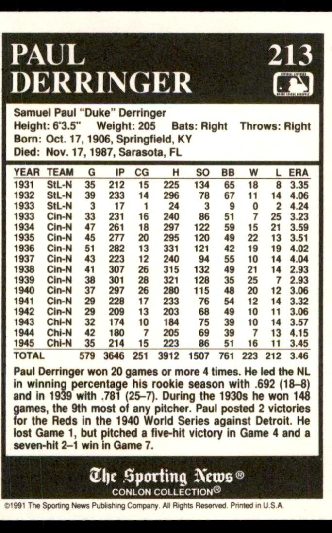 1991 The Sporting News Conlon Collection Paul Derringer Baseball Cards #213