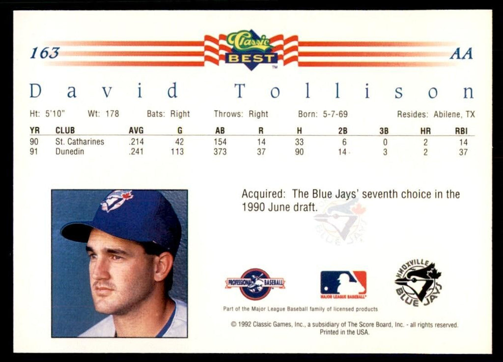 1992 Classic Best David Tollison Baseball Cards #163
