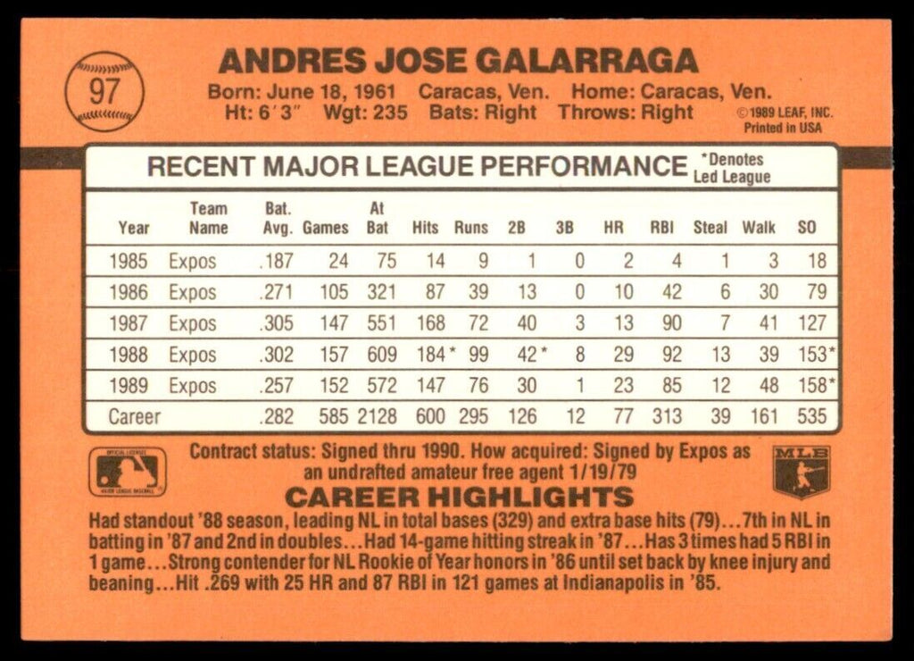 1990 Donruss Andres Galarraga Baseball Cards #97