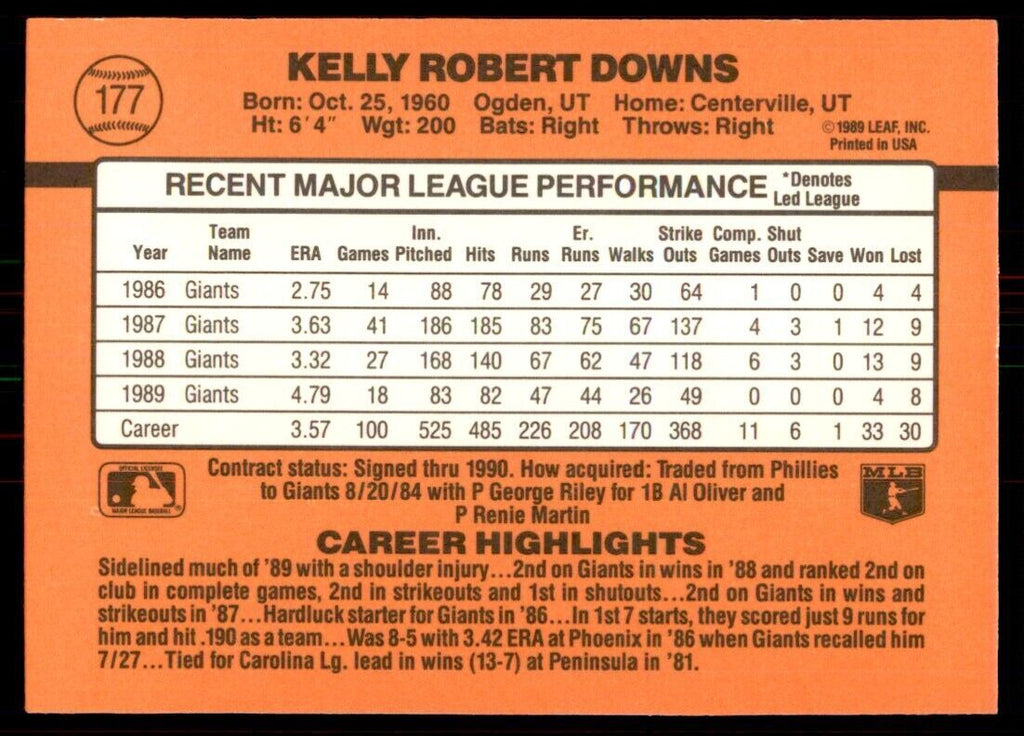 1990 Donruss Kelly Downs Baseball Cards #177