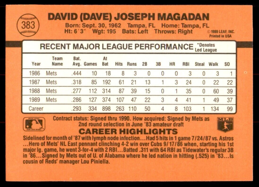 1990 Donruss Dave Magadan Baseball Cards #383