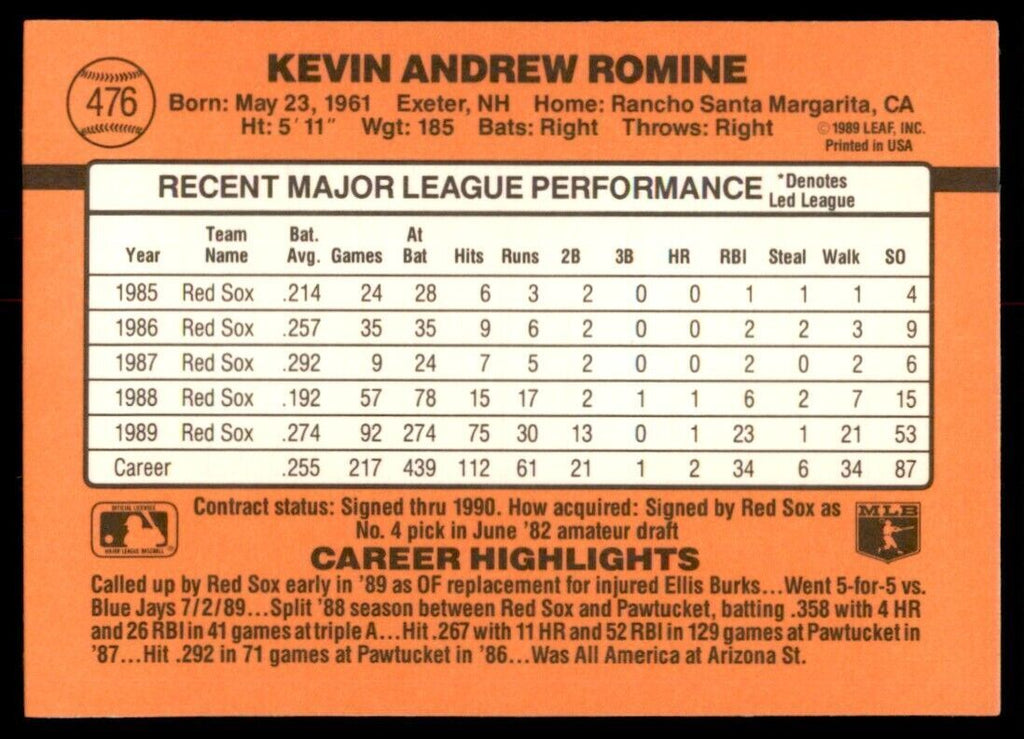 1990 Donruss Kevin Romine Baseball Cards #476
