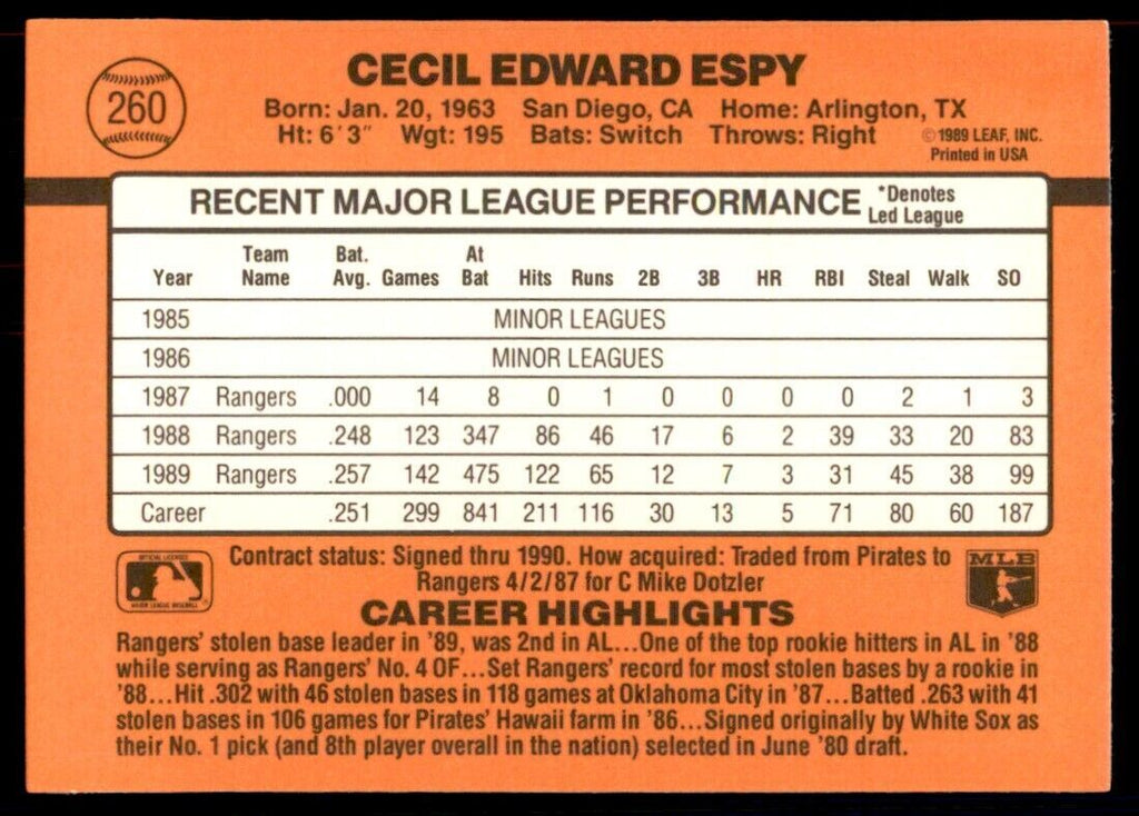 1990 Donruss Cecil Espy Baseball Cards #260