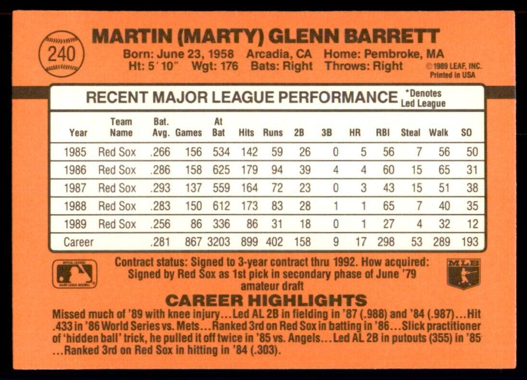 1990 Donruss Marty Barrett Baseball Cards #240