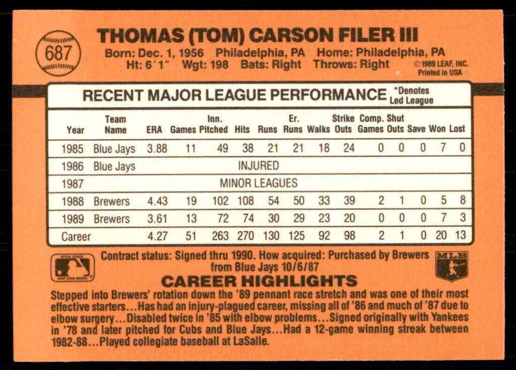 1990 Donruss Tom Filer Baseball Cards #687