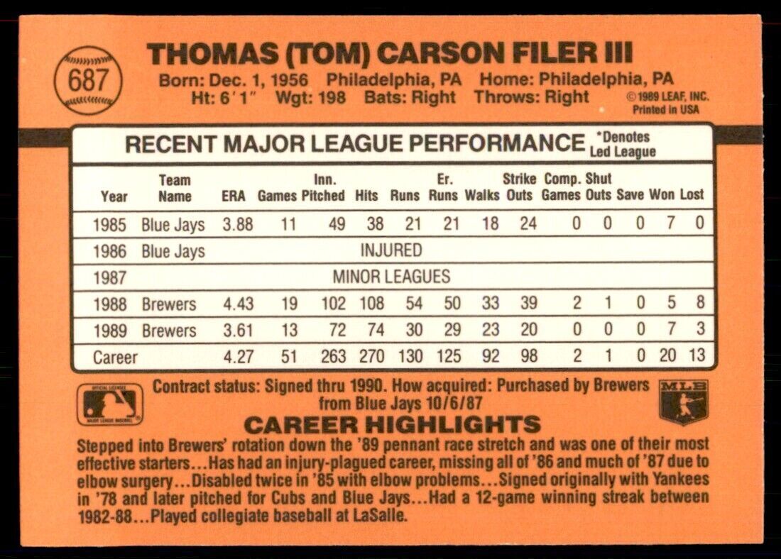 1990 Donruss Tom Filer Baseball Cards #687