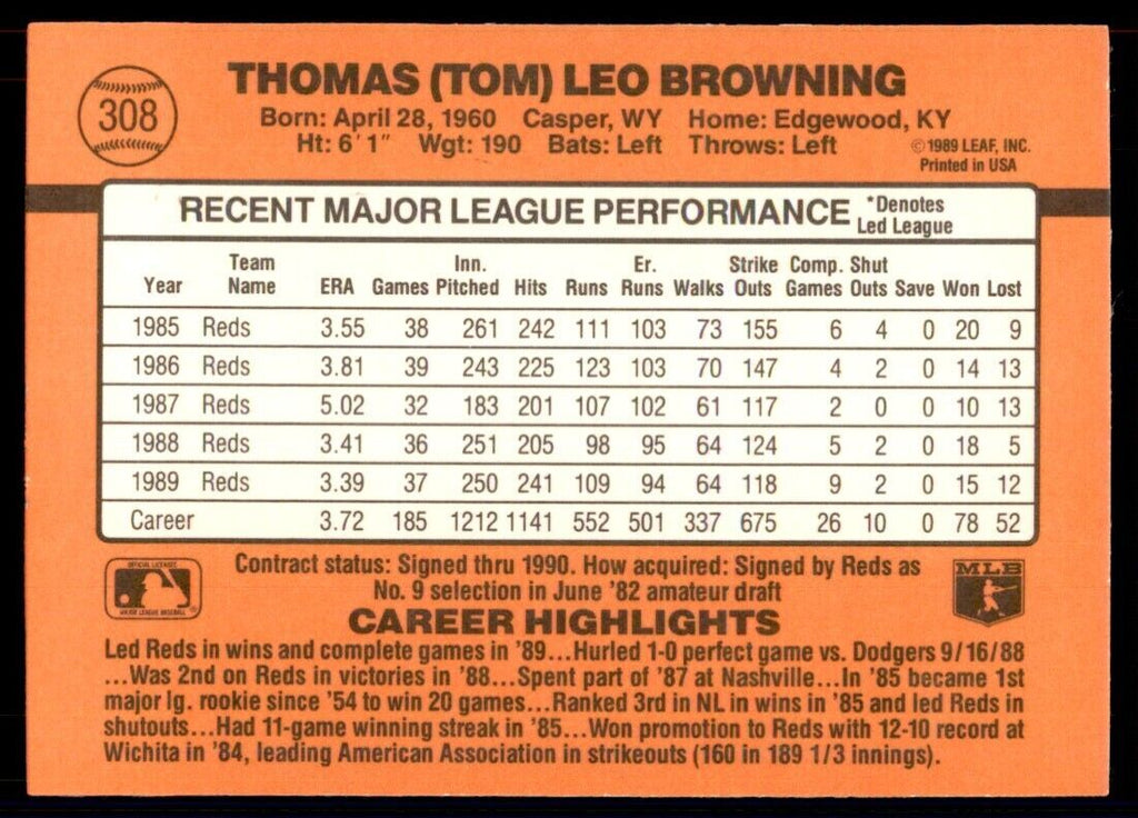 1990 Donruss Tom Browning Baseball Cards #308