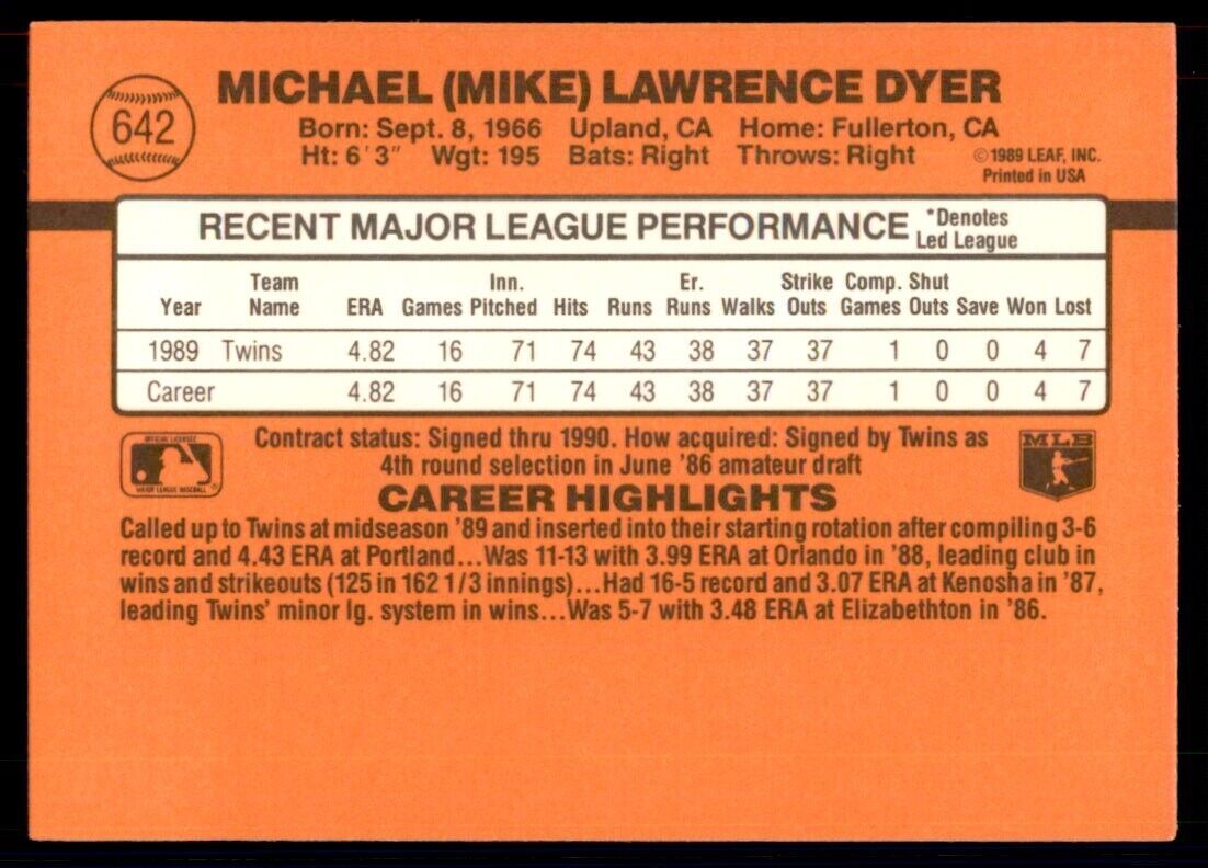 1990 Donruss Mike Dyer Baseball Cards #642