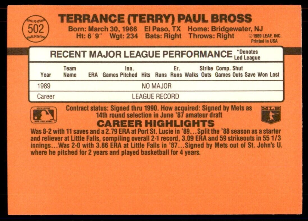 1990 Donruss Terry Bross Baseball Cards #502