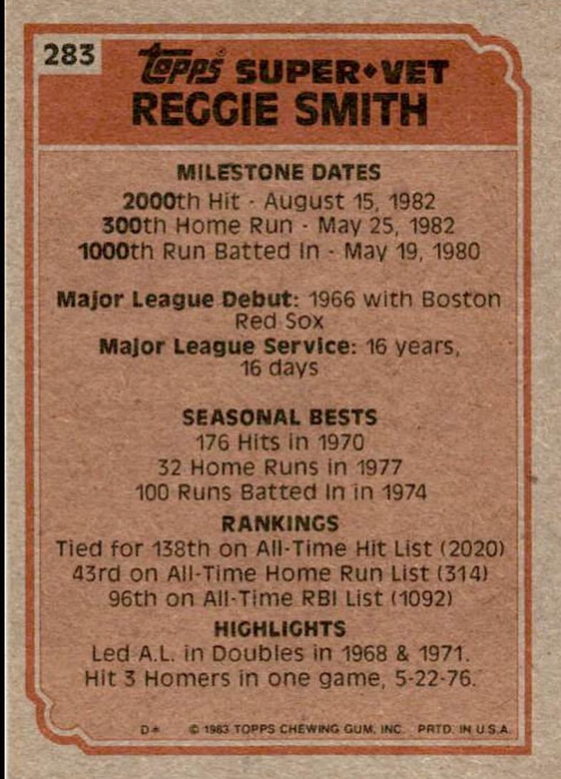 1983 Topps Reggie Smith 1 Boston Red Sox/San Francisco Giants #283