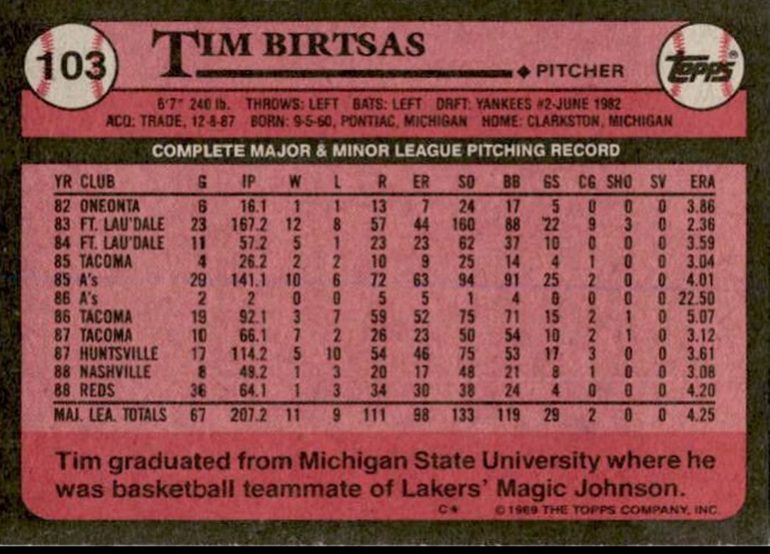 1989 Topps Tim Birtsas 2 Cincinnati Reds #103