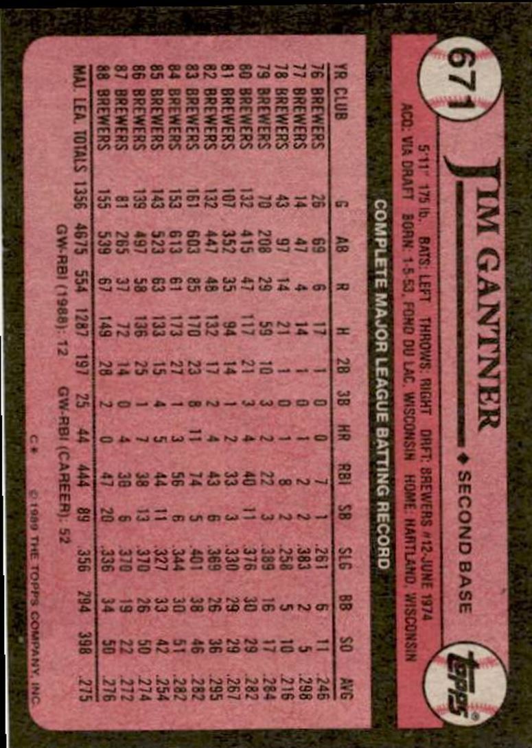 1989 Topps Jim Gantner Milwaukee Brewers #671