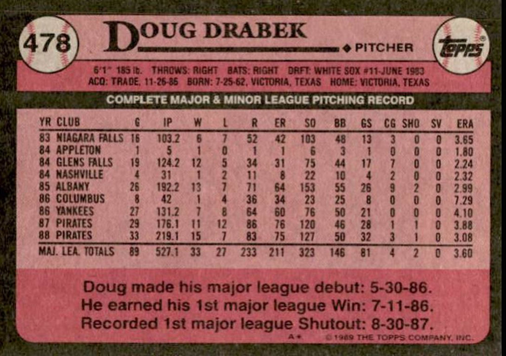 1989 Topps Doug Drabek Pittsburgh Pirates #478