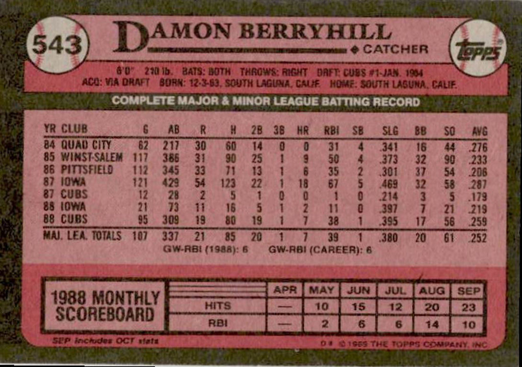 1989 Topps Damon Berryhill Chicago Cubs #543