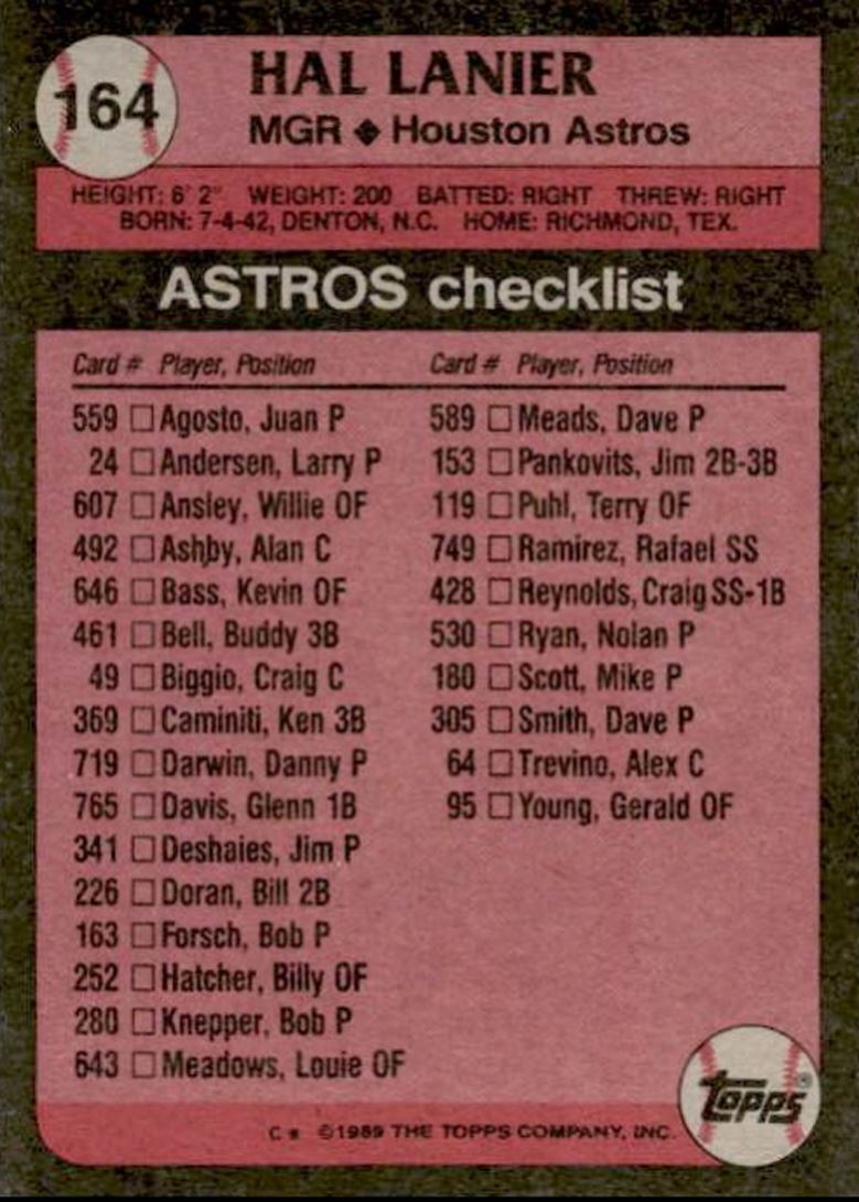 1989 Topps Hal Lanier 1 Houston Astros #164