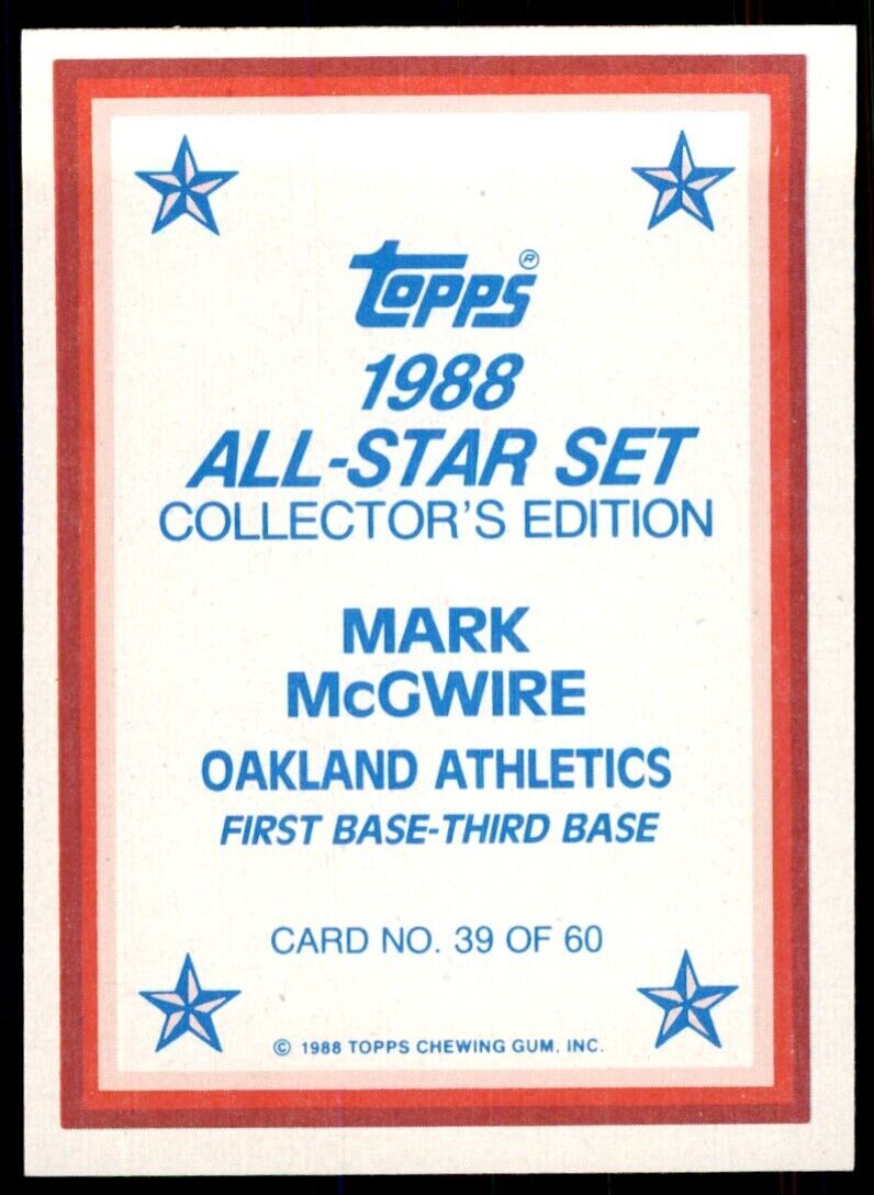 1988 Topps All Stars Mark McGwire Baseball Cards #39