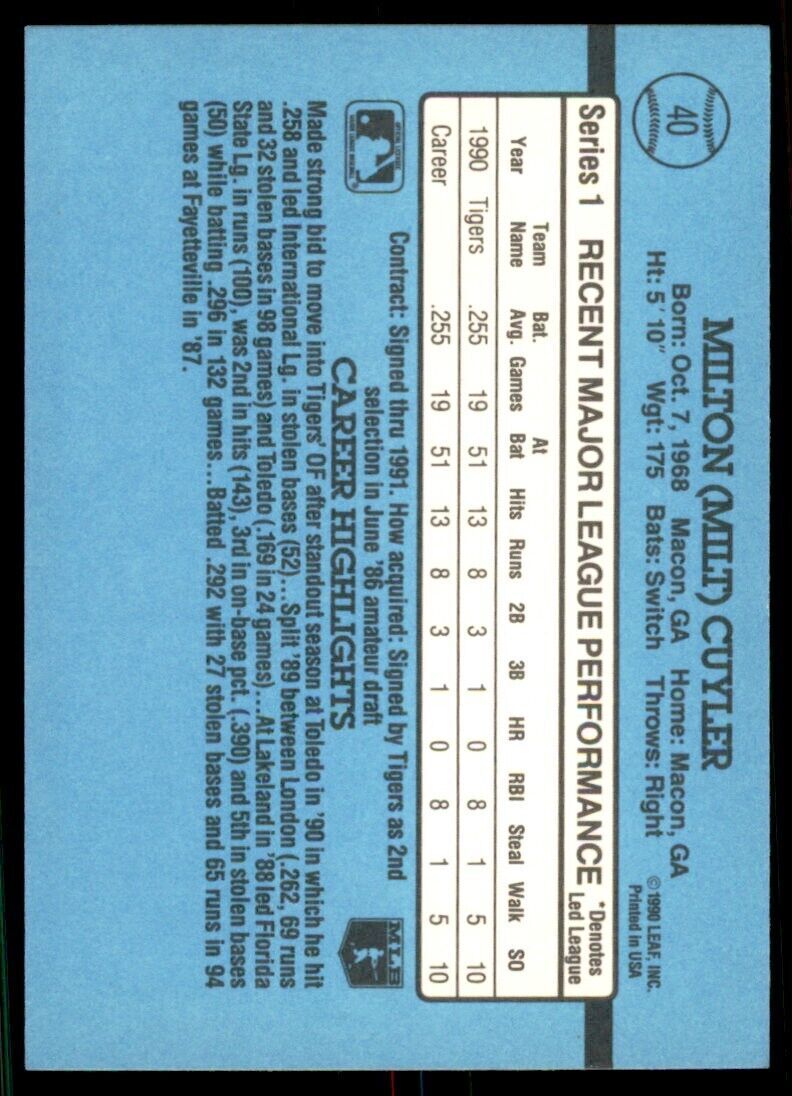1991 Donruss Milt Cuyler Baseball Cards #40