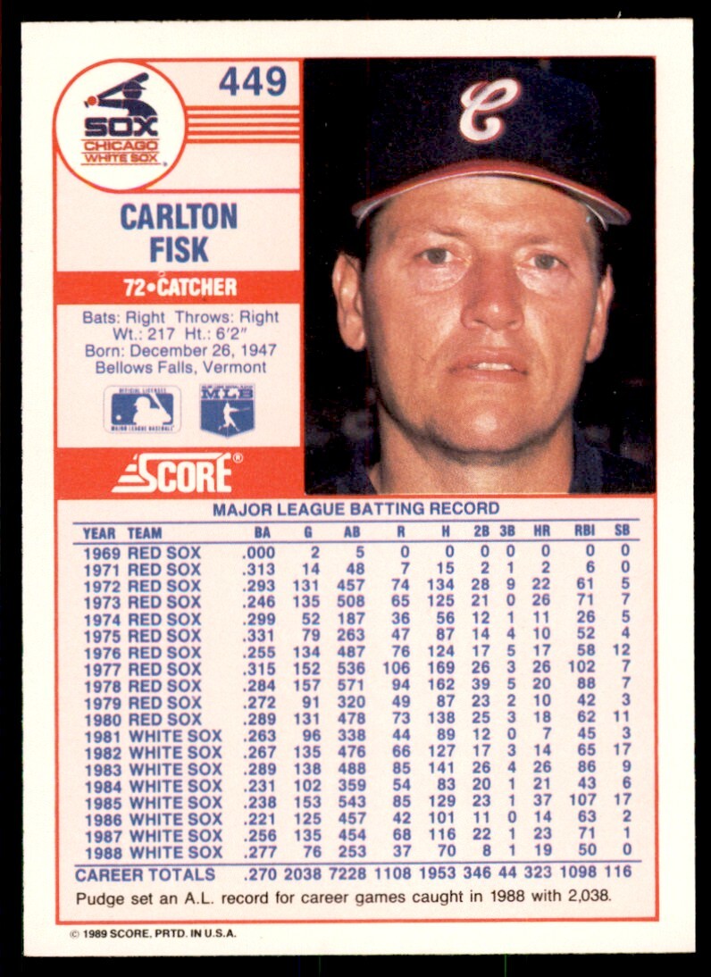 1989 Score Carlton Fisk Baseball Cards #449