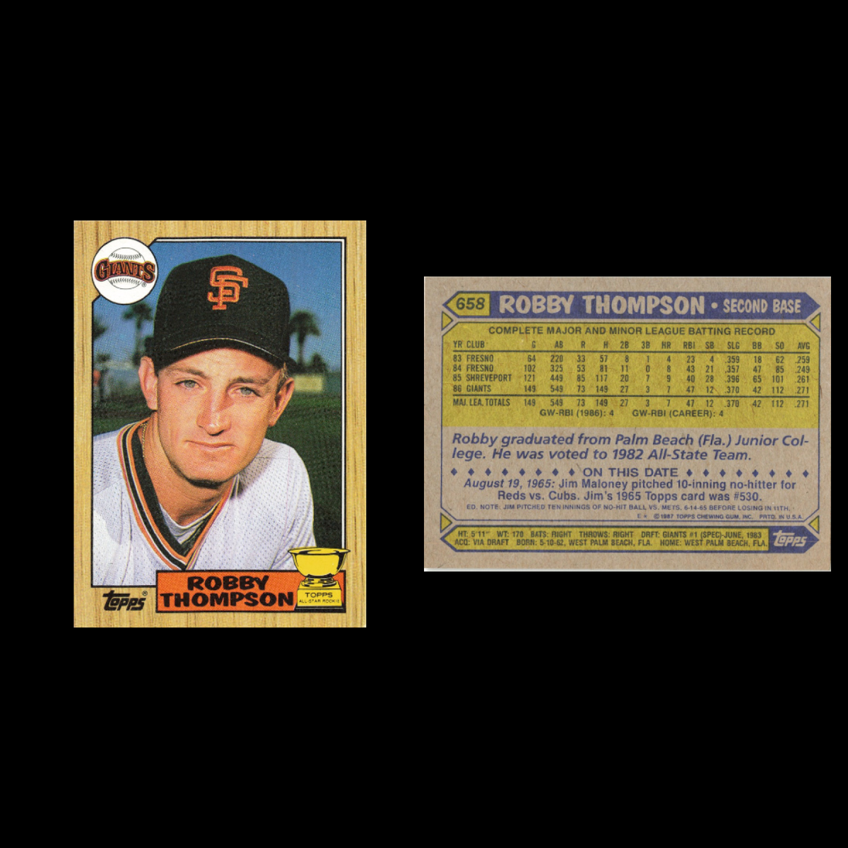Robby Thompson Rookie Lot 21 Baseball Cards 1987 Topps San Francisco Giants Set