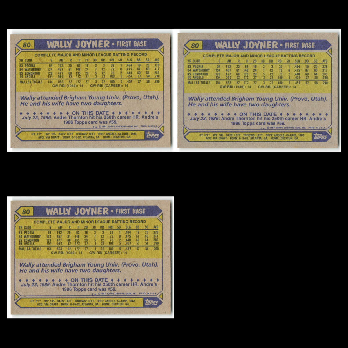 Wally Joyner Rookie Lot 3 Baseball Cards 1987 Topps California Angels Set MLB NM
