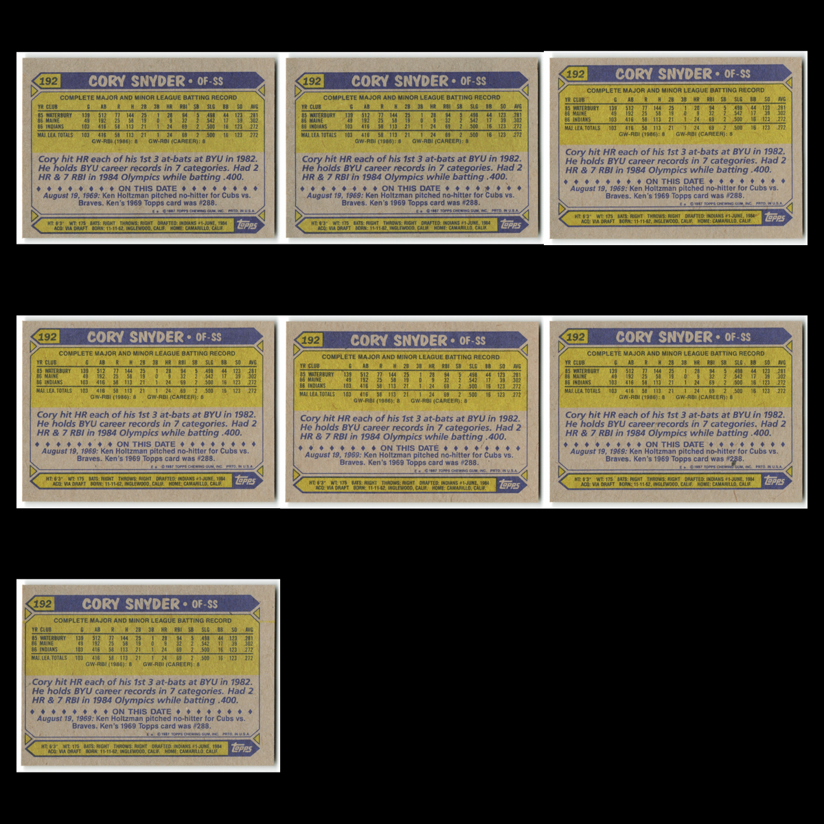 Cory Snyder Rookie Lot 7 Baseball Cards 1987 Topps Cleveland Indians Set MLB NM